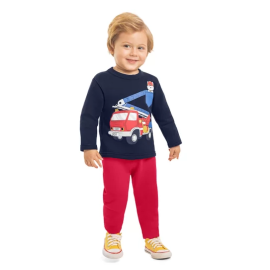 Conjunto Bebê Longo Kyly Moletom Peluciado Estampado Menino - Marinho